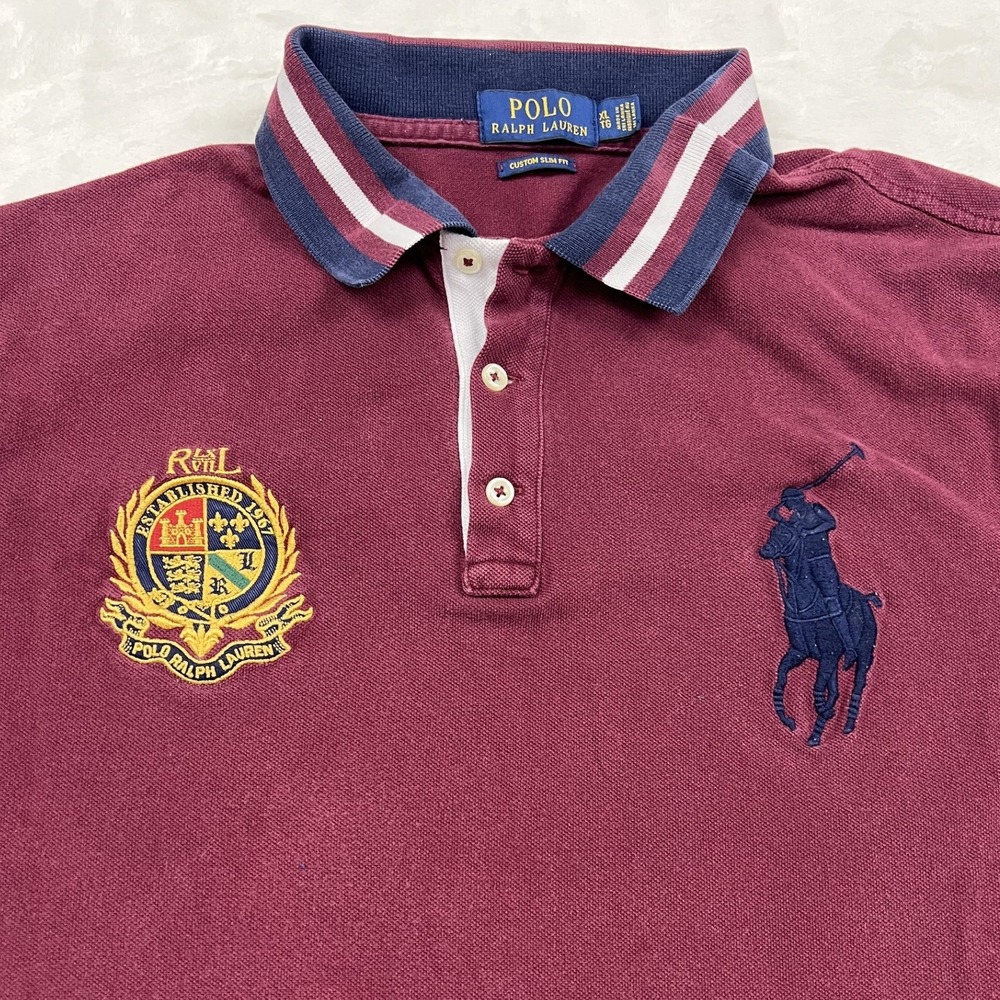 Polo Ralph Lauren Polo Shirt Mens XL Burgundy Navy Big Pony Crest Slim Fit